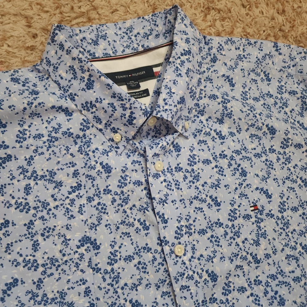 Tommy Hilfiger Button Down‎ Men XXL Blue Floral Short Sleeve Regular Fit Cotton